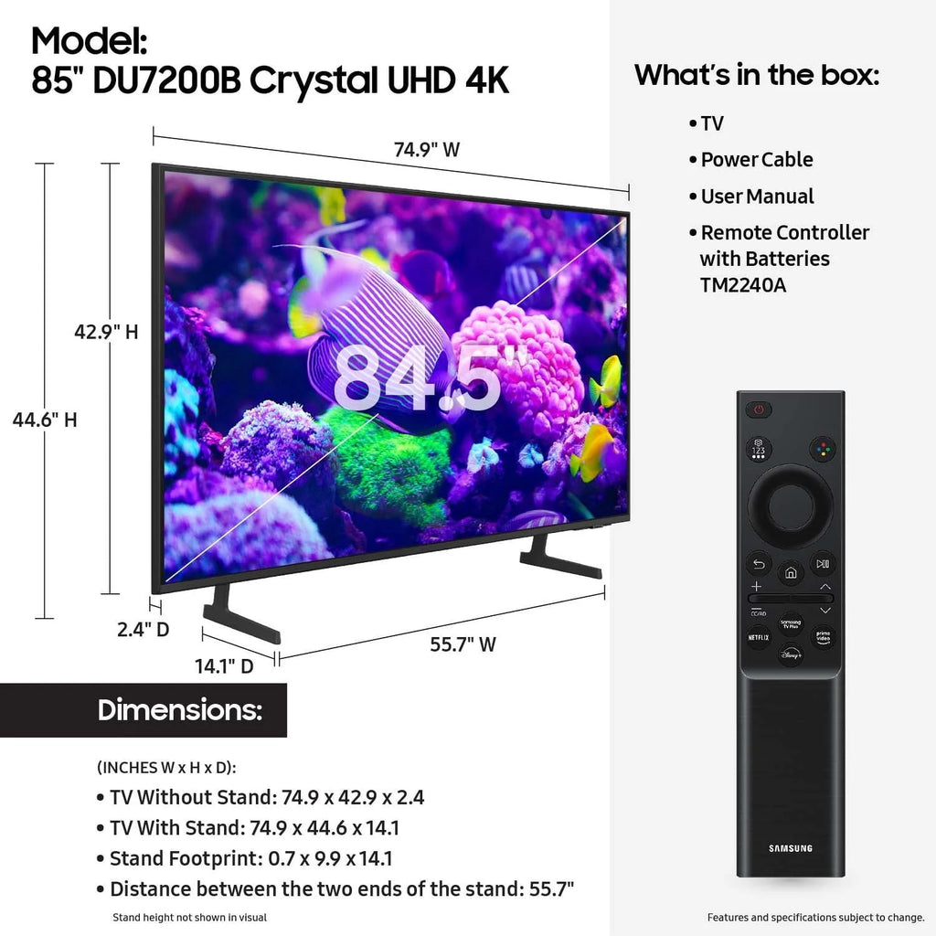Samsung 85′′ DU7200B Crystal UHD 4K Smart TV with PurColor, 4K Upscaling, HDR, Motion Xcelerator, and Tizen OS