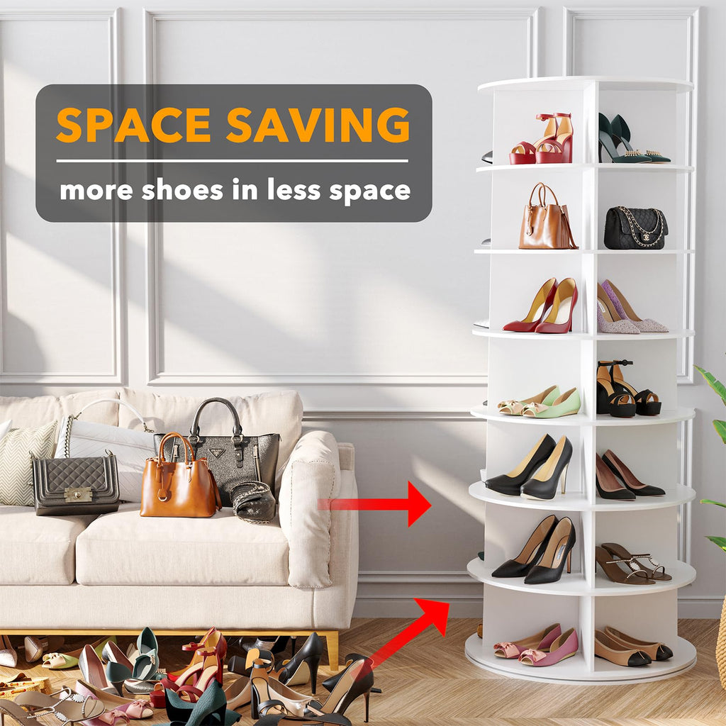 SPACEAID 7 Tier Rotating Shoe Rack Tower - White Carousel Storage