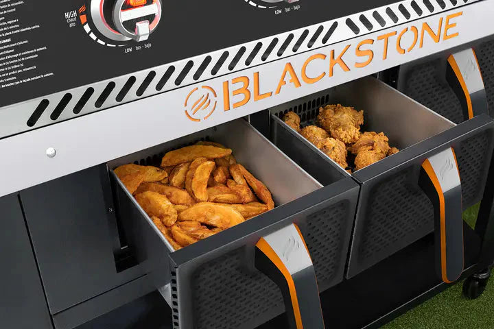Blackstone 1962 Air Fryer Combo & Two Burners Stainless Steel Gas Hood, Wheels, Two Side Shelf – Heavy Duty Outdoor Griddle Station for Backyard, Patio, 28 inch Black