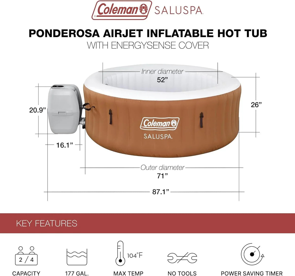 Coleman SaluSpa Miami AirJet 2 to 4 Person Round Inflatable Hot Tub Portable Outdoor Spa with 120 Soothing AirJets and Insulated Cover, Black