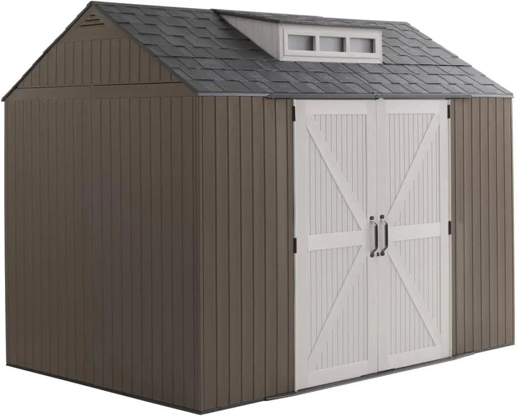 Rubbermaid Resin Outdoor Storage Shed With Floor (7 x 7 Ft) Weather Resistant Gray Organization for Home/Backyard/Garden Tools/Lawn Mower/Bike Storage/Pool Supplies