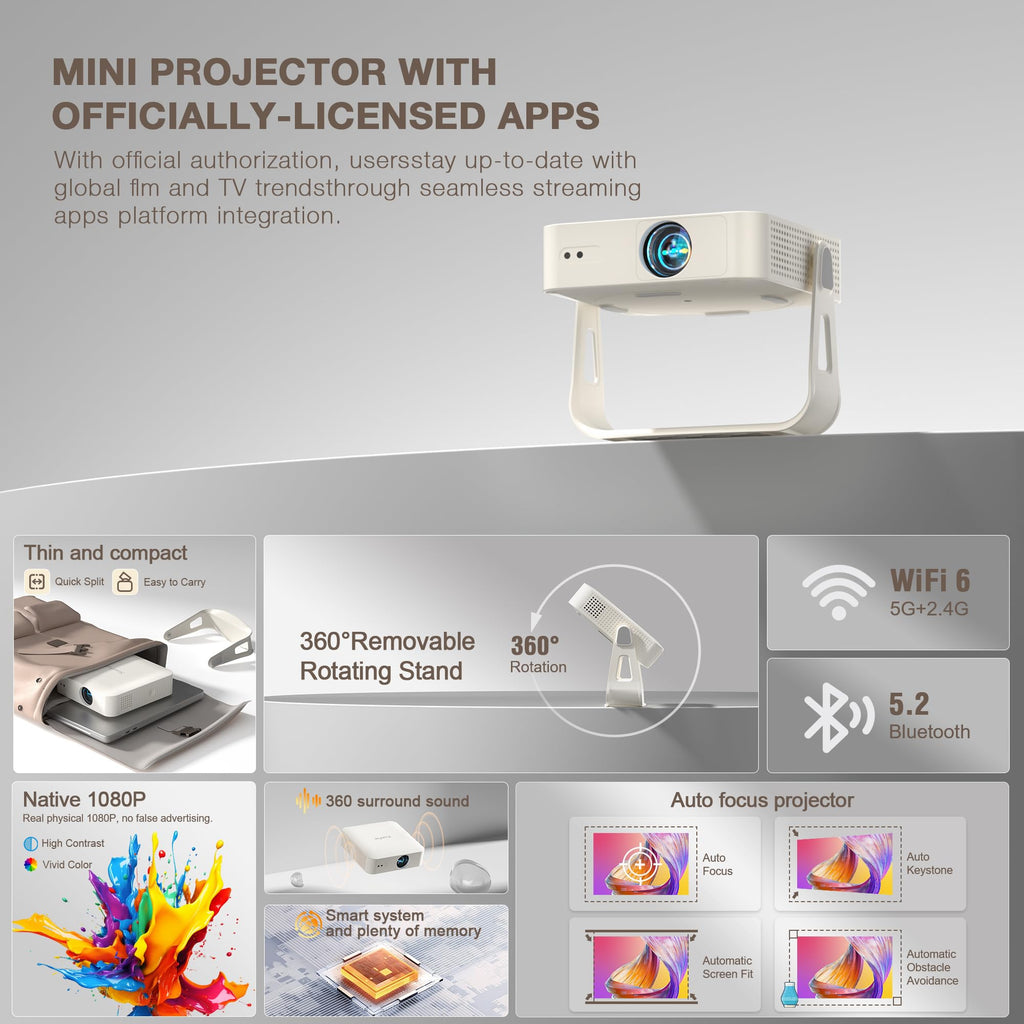 XUANPAD White Smart Mini Projector - WiFi, Bluetooth, 4K Support