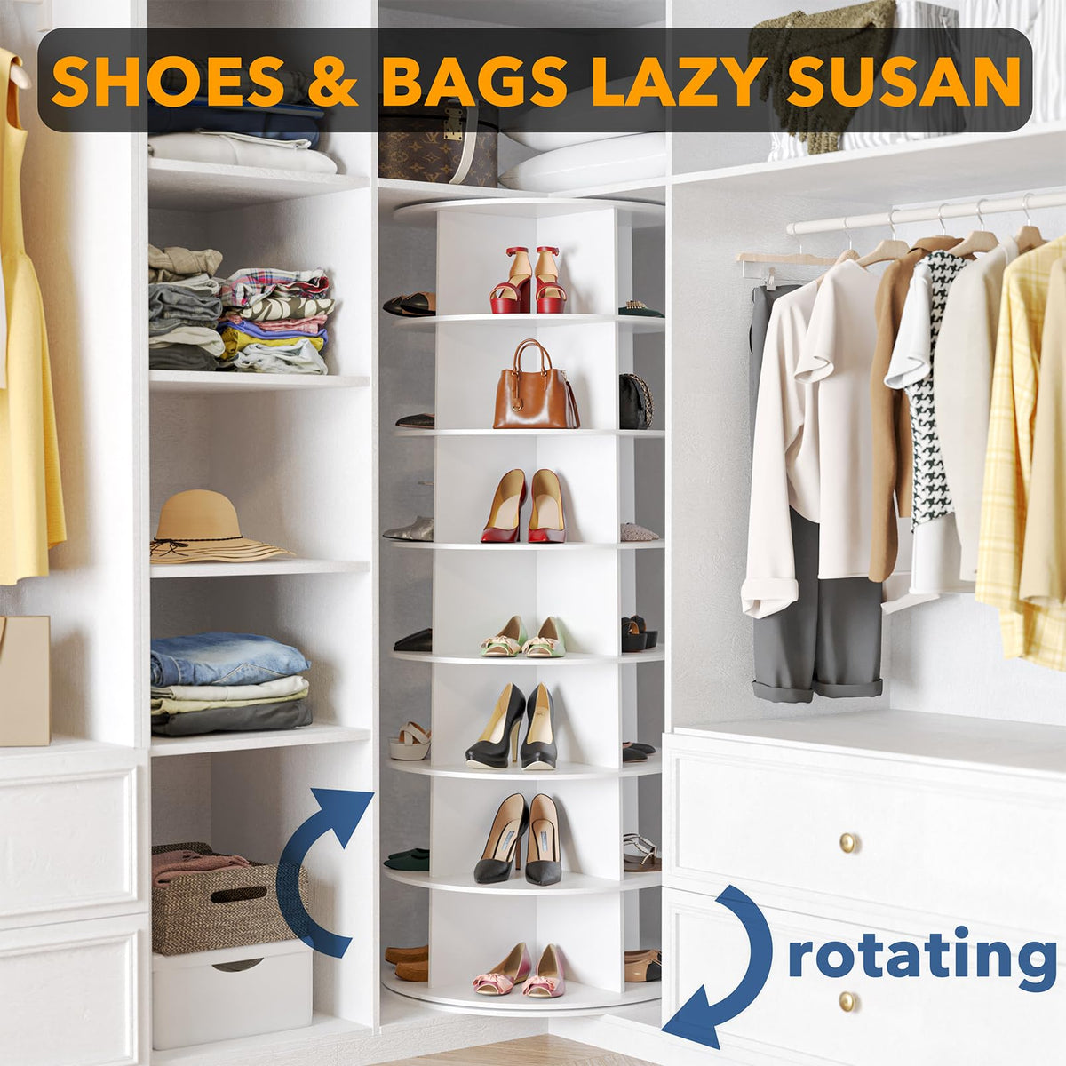 SPACEAID 7 Tier Rotating Shoe Rack Tower - White Carousel Storage