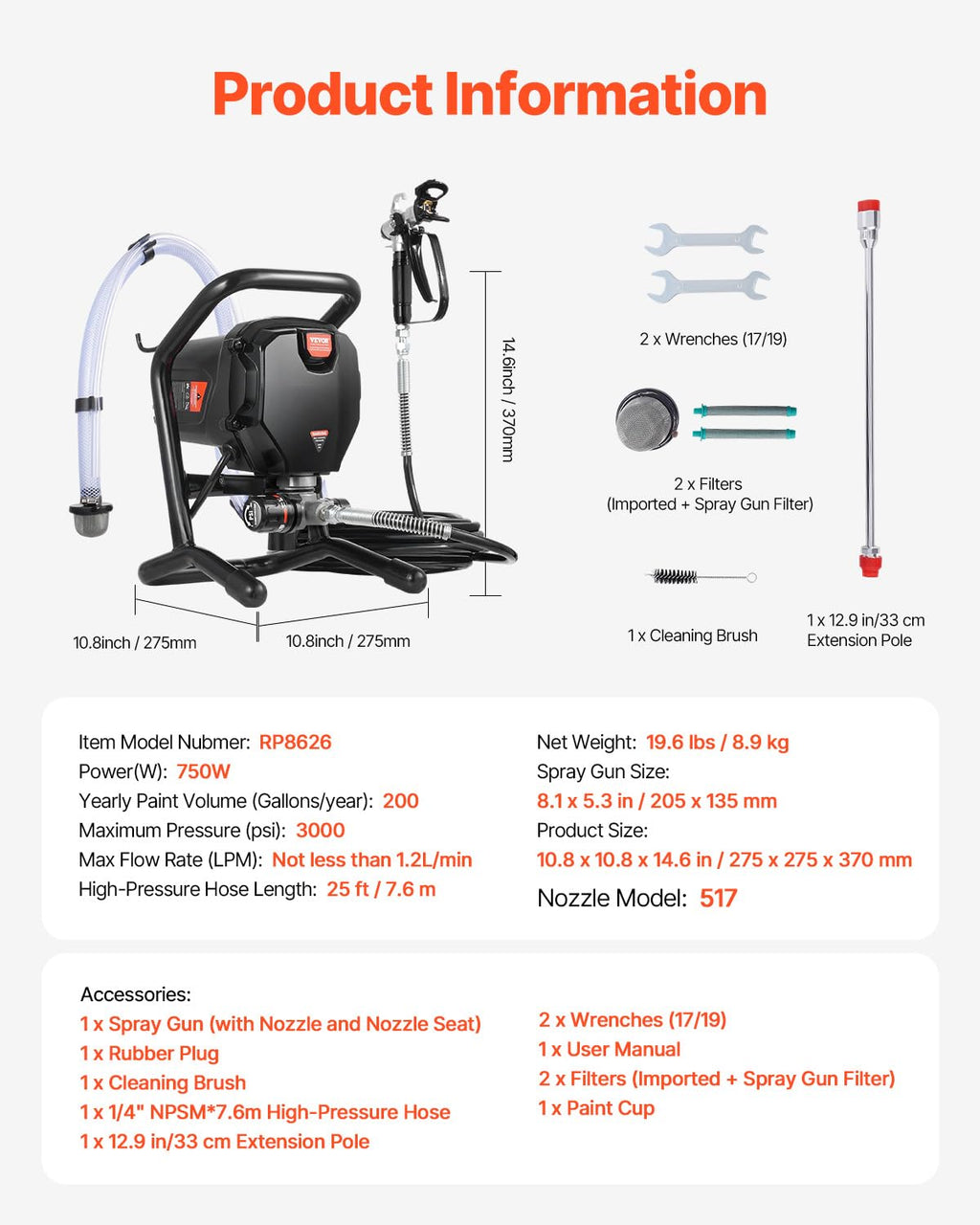 VEVOR 750W Electric Airless Paint Sprayer - 3000PSI