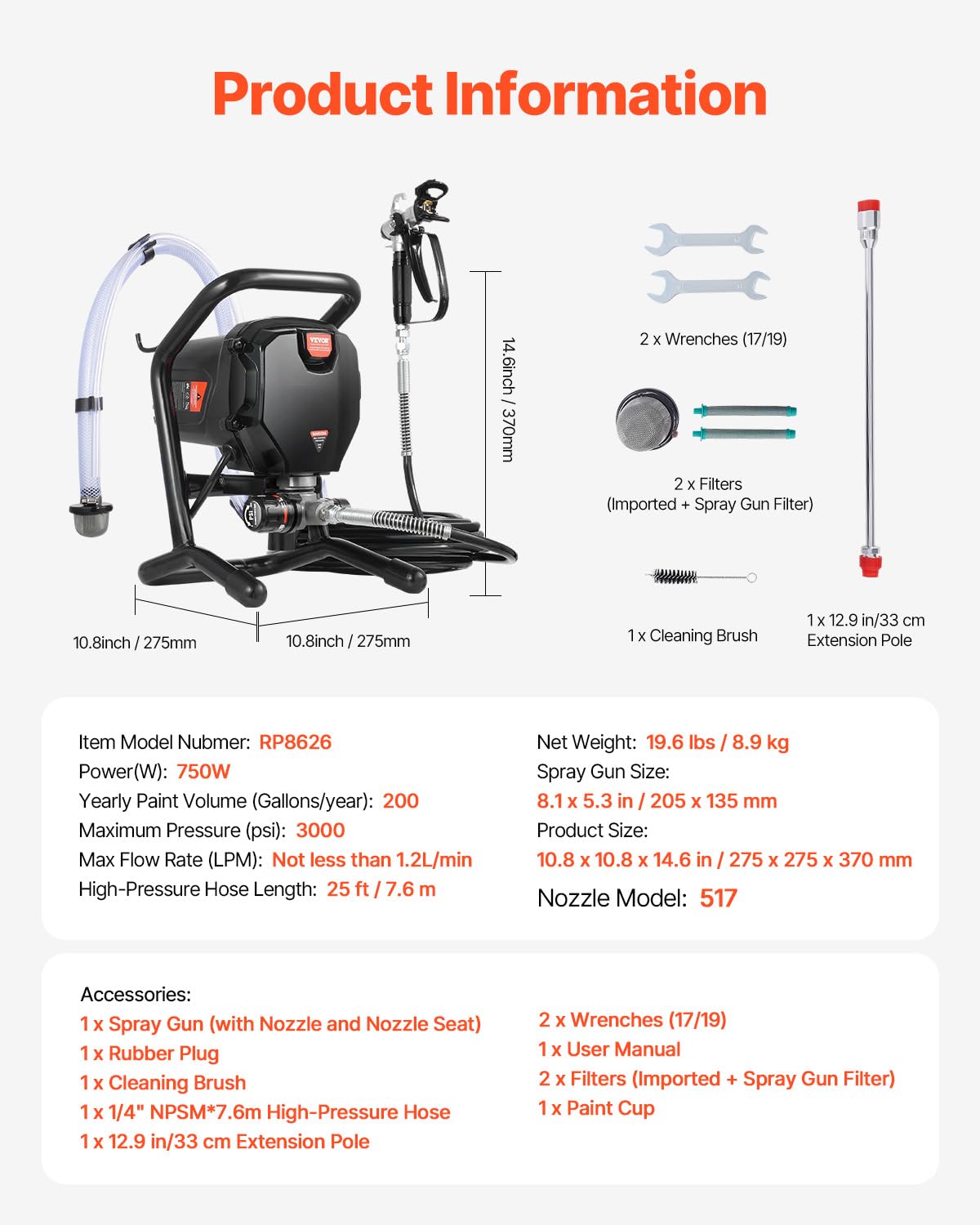 VEVOR 750W Electric Airless Paint Sprayer - 3000PSI