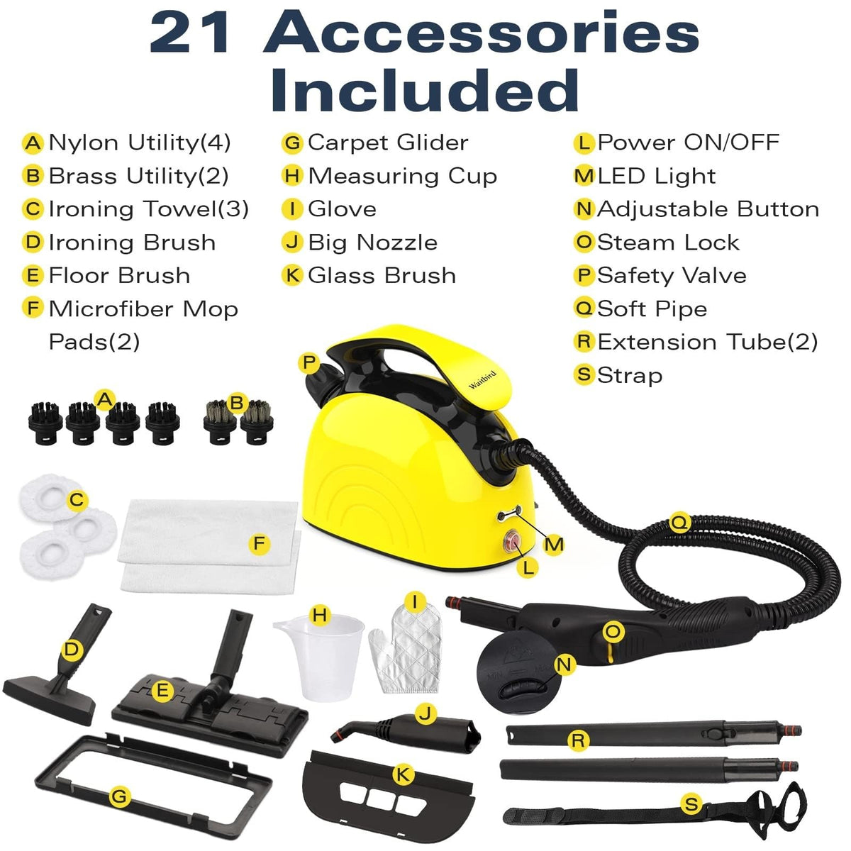 WAITBIRD Steam Cleaner - Handheld Steamer with 21 Accessories
