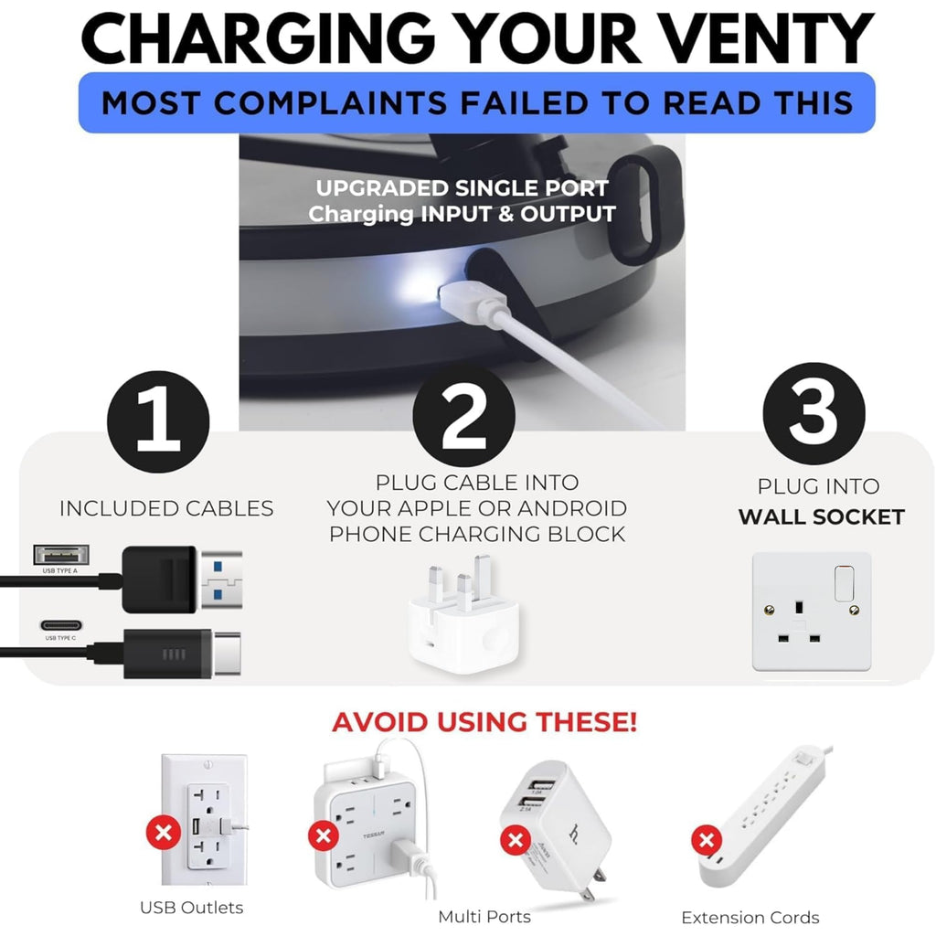 VENTY Portable Fan - Wireless Battery Operated with LED Light