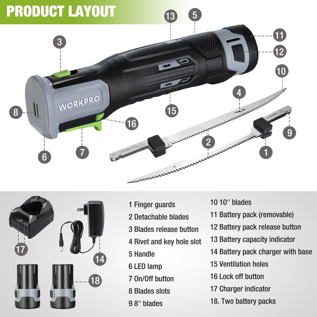 WORKPRO 12V Cordless Electric Fillet Knife with Blades
