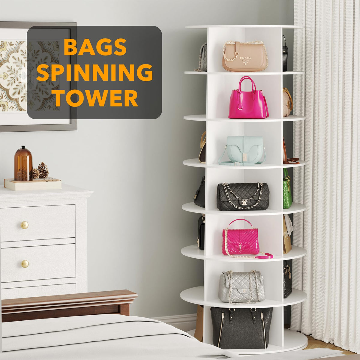 SPACEAID 7 Tier Rotating Shoe Rack Tower - White Carousel Storage
