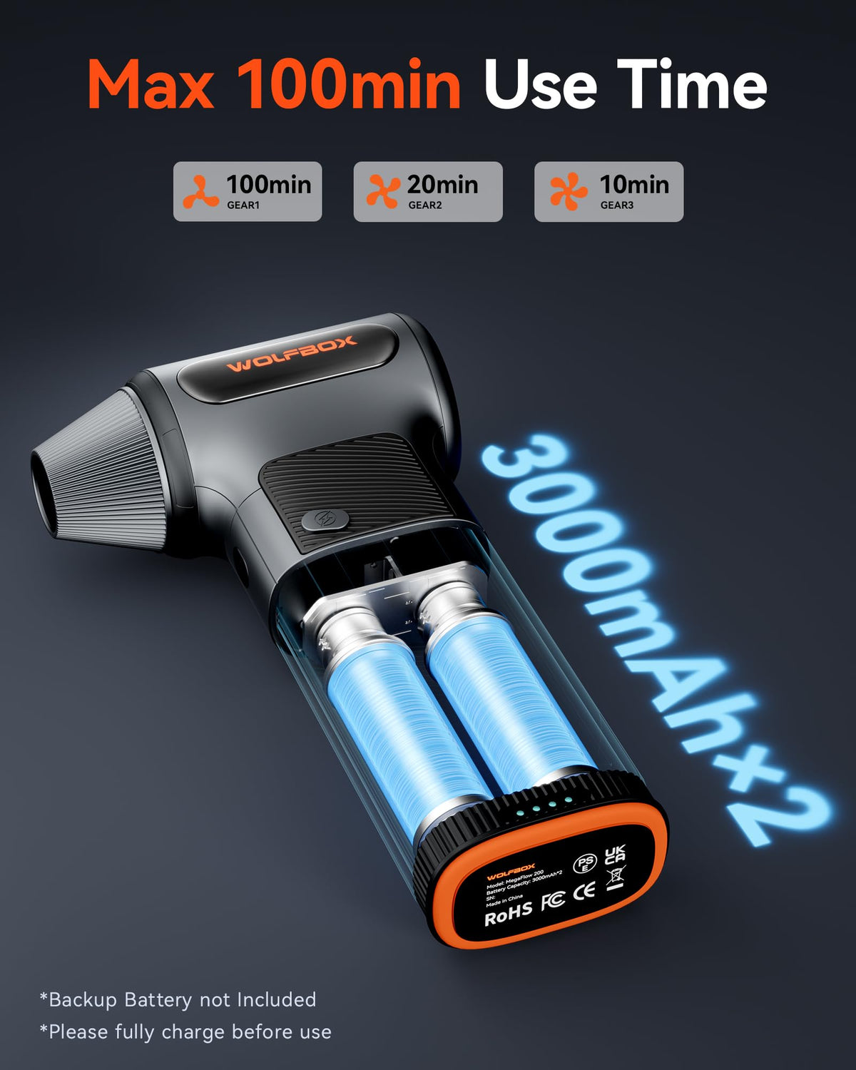 WOLFBOX MF200 Cordless Air Duster with Battery & Nozzles
