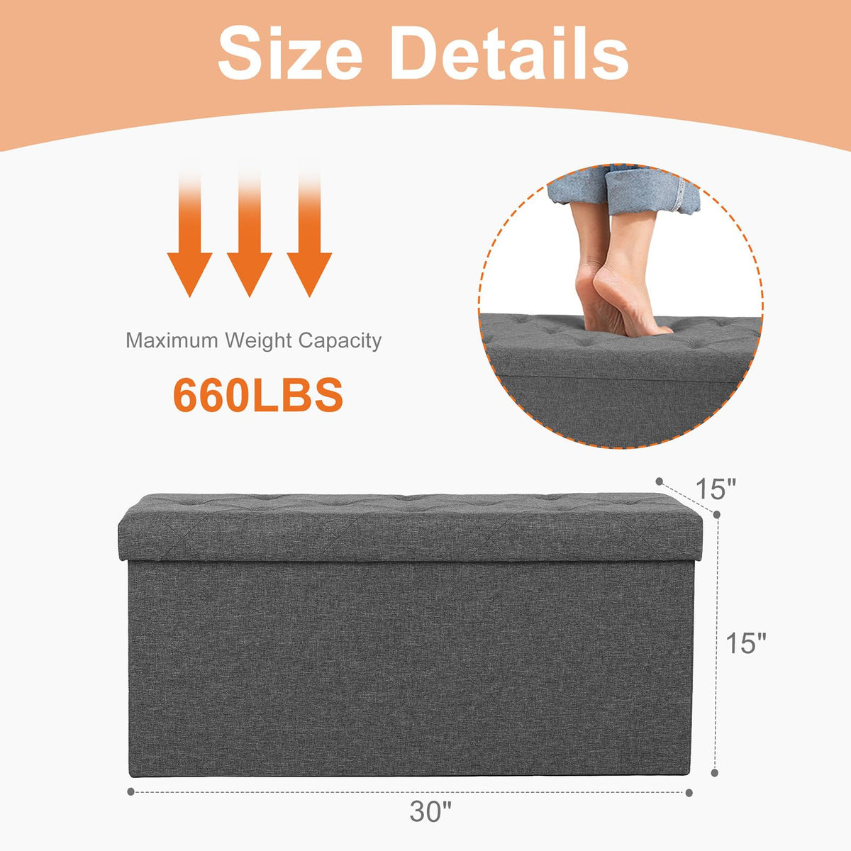 DUMOS 30in Grey Storage Ottoman Bench - Foot Rest Stool