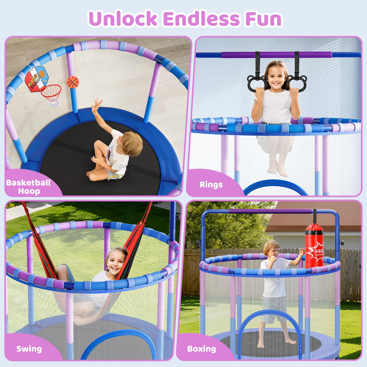 YOHOOD 55" Kids Trampoline with Enclosure & Adjustable Bars