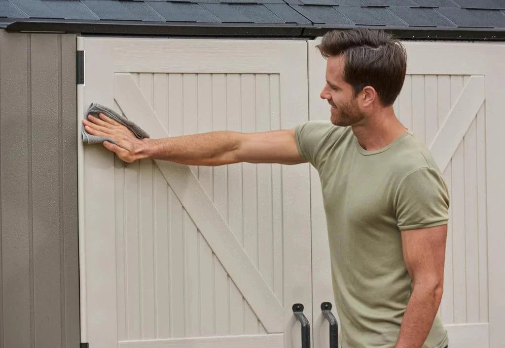 Rubbermaid Resin Outdoor Storage Shed With Floor (7 x 7 Ft) Weather Resistant Gray Organization for Home/Backyard/Garden Tools/Lawn Mower/Bike Storage/Pool Supplies