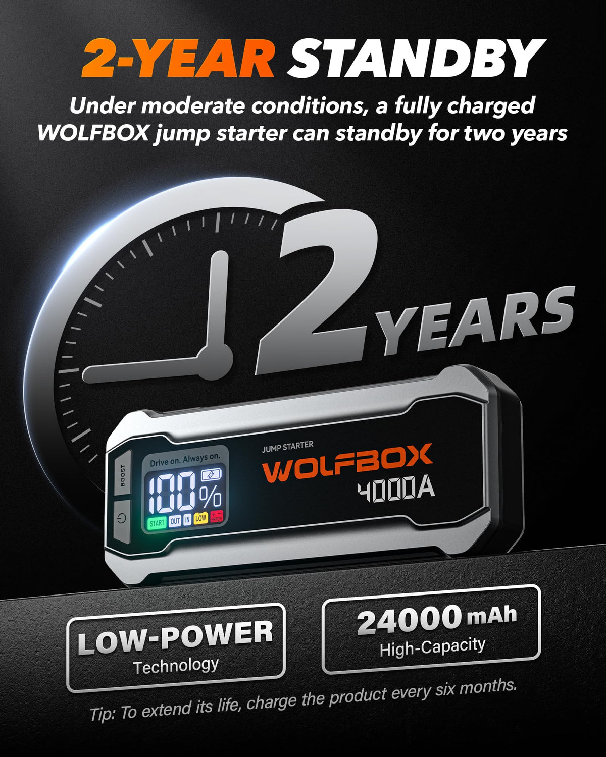WOLFBOX 4000A Portable Car Jump Starter with Quick Charger